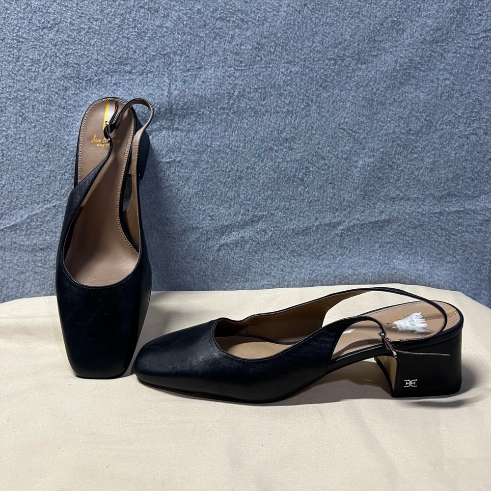 Sam Edelman Janna Black Leather Square Toe Slingback Block Heel Pumps Womens